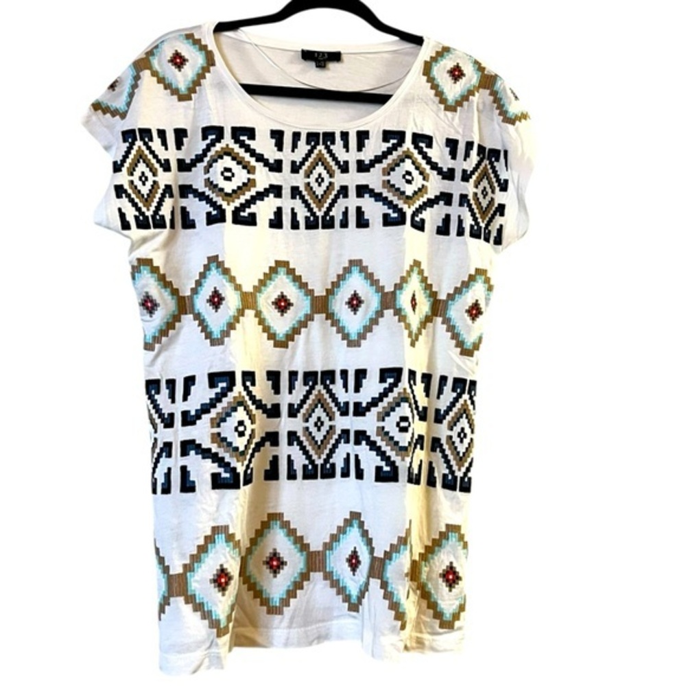 1.2.3 PARIS Kilim-Inspired Motif Embroidered T-Shirt EU 42/Large white blue tan